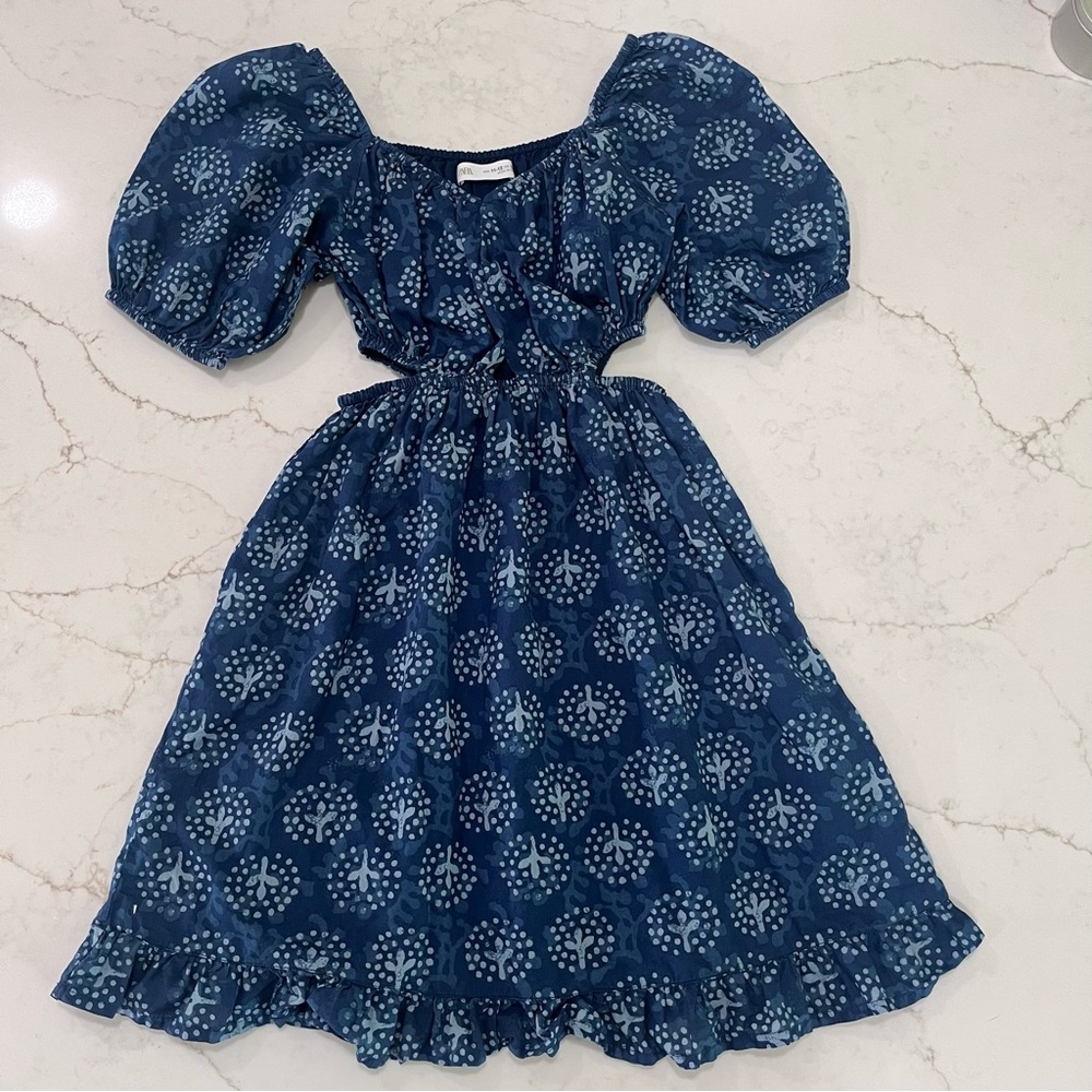 🏝Girls Puff Sleeve Midi Dress w/ Waist Cutouts | Blue Indigo Print | Size 11–12